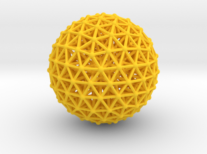 PRODUCT DESCRIPTION
Chiral (literally, "handed") symmetry • Chiral twist can be either "left-handed" or "right-handed" •  Yellow struts connect the outer and inner geodesic-shell nodes, to produce a strong, unified, tetrahedral-truss framework • Tetrahedral-construction concept is that used in the design of the 1967 Montreal Exposition geodesic sphere (U.S. Pavilion) •  This model was inspired by George Hart's "rapid prototype" design, as depicted on his webpage 
Request a custom order and get this product personalized just for you
