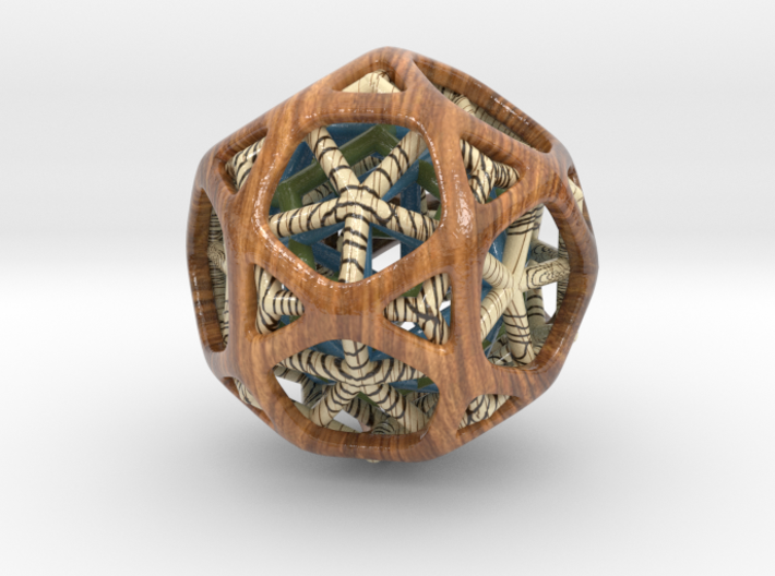 PRODUCT DESCRIPTION
Dodecahedron (green) & Icosahedron (Blue) nested  inside Level one Tessalated Dodecahedron (White wooden texture) Nested inside  Icosidodecahedron (brown wooden texture).
Request a custom order and get this product personalized just for you