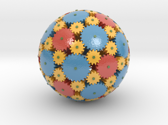 PRODUCT DESCRIPTION
 Red gears: 20 teeth, 12 count • Blue gears: 24 teeth, 20 count • Yellow gears: 13 teeth, 60 count • Red gears aligned with icosahedron vertices • Blue gears aligned with dodecahedron vertices • Polyhedral basis: buckyball 
Request a custom order and get this product personalized just for you